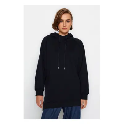 Trendyol Navy Blue Hooded Oversize Raised Knitted Sweatshirt