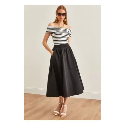 Olalook Women's Black Pocketed Elastic Waist Midi Woven Bell Skirt