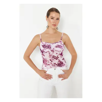 Trendyol Pink Floral Printed Adjustable Straps Special Textured Strappy Flexible Knitted Blouse