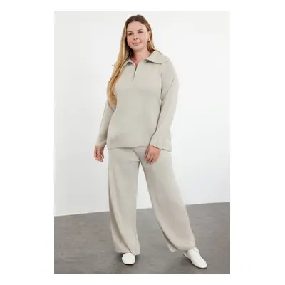 Trendyol Curve Beige Knitwear Plus Size Bottom-Top Set