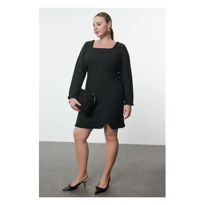 Trendyol Curve Black Square Collar Long Sleeve Finike Mini Woven Plus Size Dress