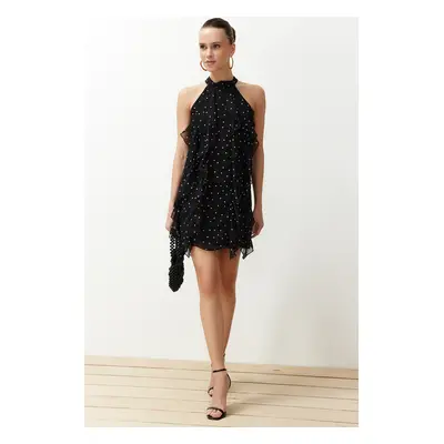 Trendyol Black Polka Dot Flounce Chiffon Lined Mini Woven Dress