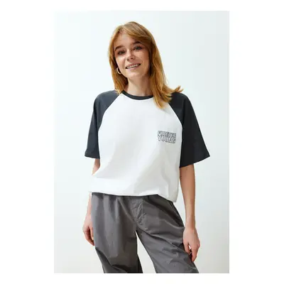 Trendyol White 100% Cotton Color Blocked Slogan Relaxed/Comfortable Cut Knitted T-Shirt