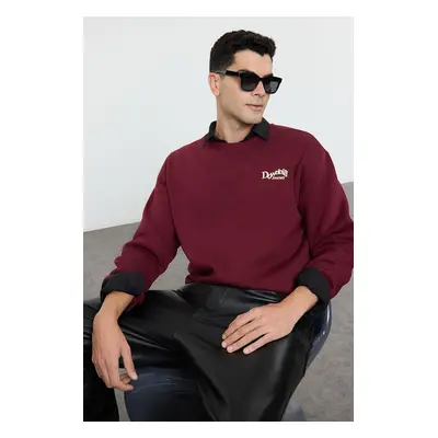 Trendyol Claret Red Oversize/Wide Cut Embroidered Front Printed Back Fleece Inside Sweatshirt