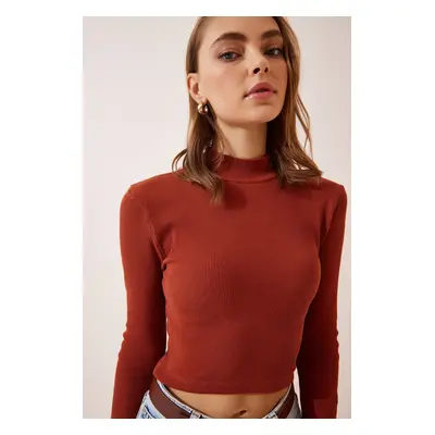 Happiness İstanbul Women's Tile Ribbed Turtleneck Crop Knitted Blouse