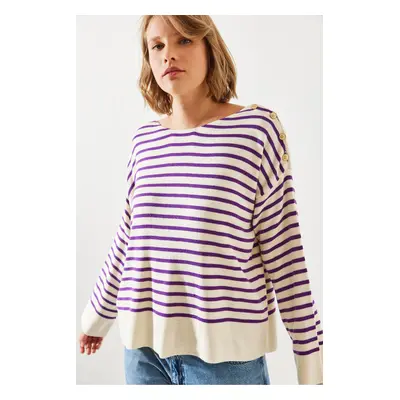 Bianco Lucci Women's Striped Shoulder Buttoned Sweater