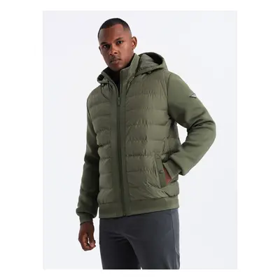 Ombre Men's quilted bomber jacket with high collar - dark olive green