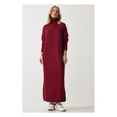 Happiness İstanbul Women's Burgundy Turtleneck Slit Oversize Knitwear Dress