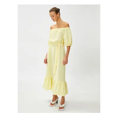 Koton Midi Dress with Open Shoulder and Belt