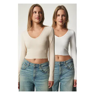 Happiness İstanbul Women's Cream White V-Neck 2-Pack Crop Knitted Blouse