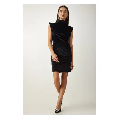 Happiness İstanbul Women's Black High Collar Stylish Velvet Dress