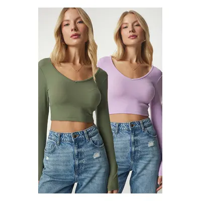 Happiness İstanbul Women's Khaki Lilac V Neck Pack Crop Blouse