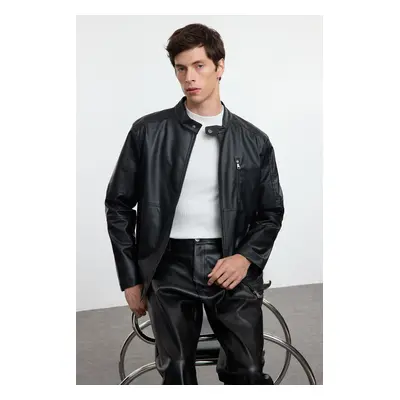 Trendyol Black Regular Fit PU Faux Leather Biker Jacket Coat