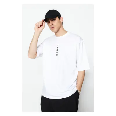 Trendyol White Oversize/Wide Cut Far East Text Printed Short Sleeve 100% Cotton T-Shirt