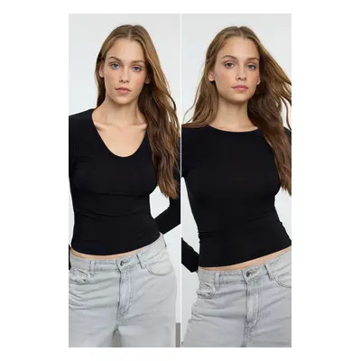 Trendyol Black Pack Crew and V Neck Fitted Flexible Knitted Blouse