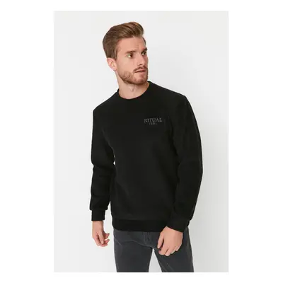 Trendyol Black Regular/Normal Cut Crew Neck Anti-pilling Polar Fleece Text Print Sweatshirt