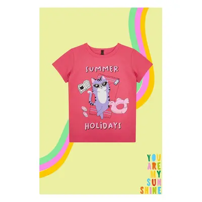 Trendyol Fuchsia Girl's Cat Patterned Short Sleeve Knitted T-Shirt