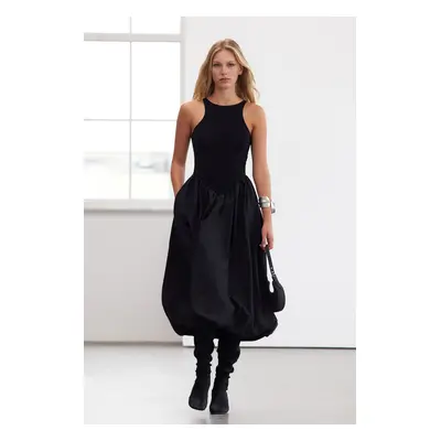 Trendyol Limited Edition Black Upper Body Knitted Skirt Part Balloon Detail Poplin Dress