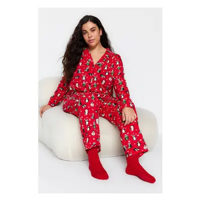 Trendyol Curve Red Shirt Collar New Year Themed Knitted Pajama Set