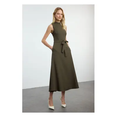 Trendyol Khaki Belted Waist Opening Stand Collar Midi Woven Dress