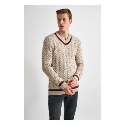 Trendyol Ecru Regular Wool V Neck Hair Knitted Sweater