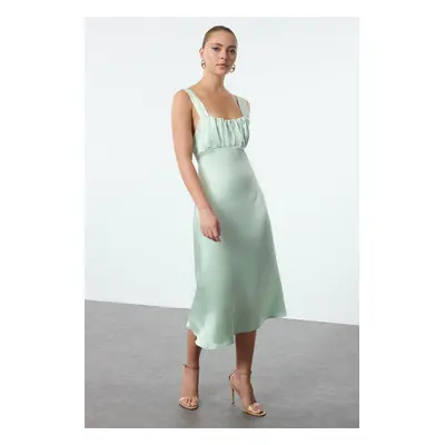 Trendyol Mint Chest Detail Satin Strappy Midi Woven Dress