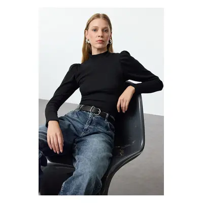 Trendyol Black Fitted High Collar Balloon Sleeve Ribbed Stretchy Knitted Blouse