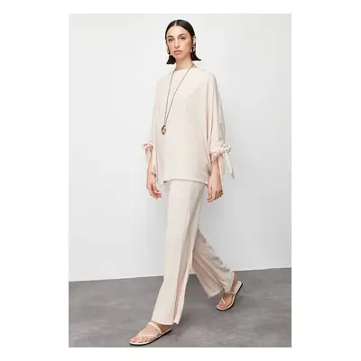 Trendyol Beige Bat Sleeve Woven Aerobin Tunic-Pants Suit