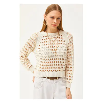 Olalook Women's Ecru Crew Neck Perforated Cotton Knitwear Blouse