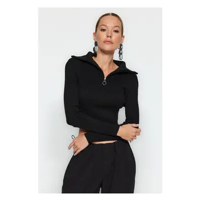 Trendyol Black Crop Zipper Detail Pletený svetr