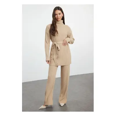 Trendyol Dark Beige Corded Knitwear Sweater Trousers Bottom-Top Set