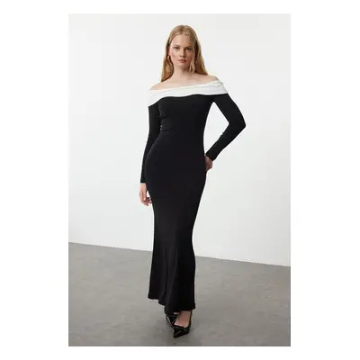 Trendyol Black Color Block Fitted Carmen Neck Stretchy Maxi Knitted Dress