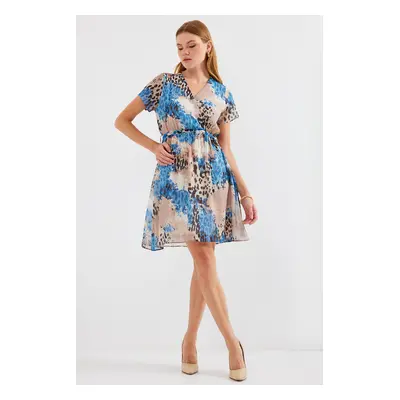 Bigdart Short Sleeve Patterned Chiffon Dress - Blue