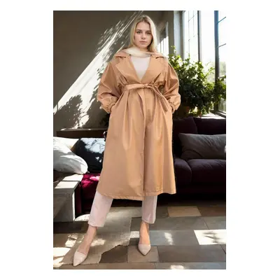 40345 Dewberry Belted Balloon Sleeve Women Trenchcoat-CAMEL