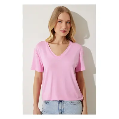 Happiness İstanbul Women's Pink V-Neck Basic Viscose Knitted T-Shirt