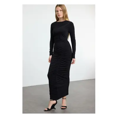 Trendyol Black Midi Gathered/Draped Detailed Fitted Stretch Knit Dress