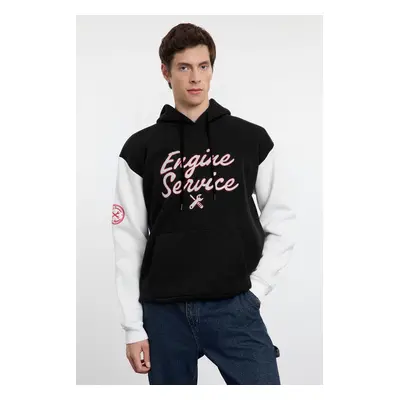 Trendyol Black Oversize/Wide Cut Text Embroidered Color Block Hooded Fleece Inside Sweatshirt