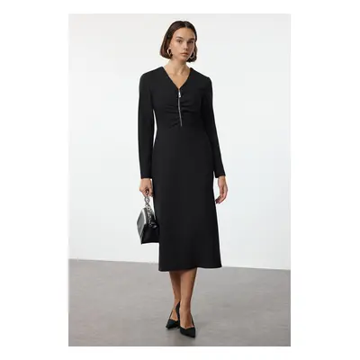 Trendyol Black Body-hugging Zipper Detailed Midi Woven Dress