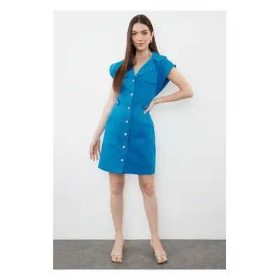 Trendyol Indigo Button Detailed Gabardine Mini Woven Shirt Dress