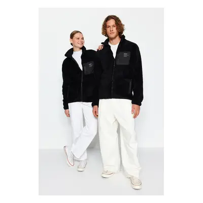 Trendyol Černá Unisex Regular/Real Fit Mikina s vysokým límcem, kapsou na zip a detailním plyšov