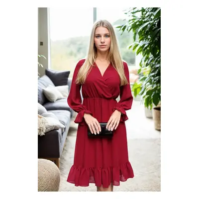 11353 Dewberry Lined Double Breasted Chiffon Dress-BURGUNDY