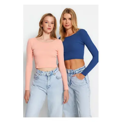 Trendyol Indigo-Pink Pack Fitted Wide Collar Ribbed Flexible Crop Knitted Blouse