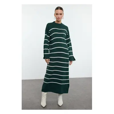 Trendyol Dark Green Striped Sleeve Slit Detailed Knit Dress