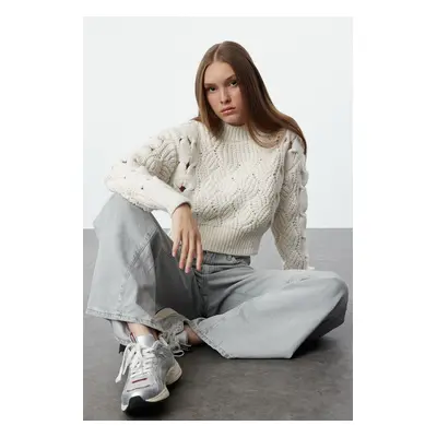 Trendyol Stone Crop Openwork/Hole Detailed Crew Neck Knitwear Sweater