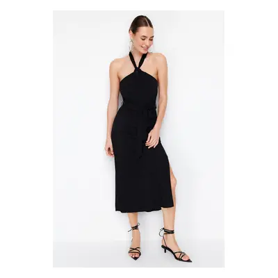 Trendyol Black Belted A-Line Halterneck Midi Woven Dress