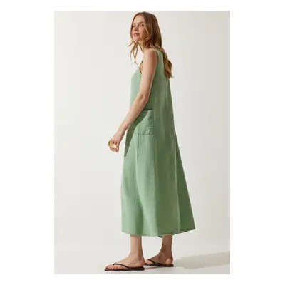 Happiness İstanbul Women's Almond Green Wide Pocket Summer Muslin Dress