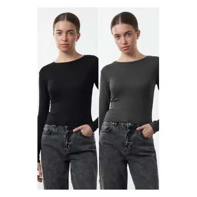 Trendyol Black-Anthracite Double Pack Crop/Short Fitted/Fitting Knitted Blouse