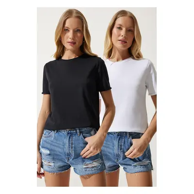 Happiness İstanbul Women's Black and White Crew Neck 2-Pack Basic Knitted T-Shirt