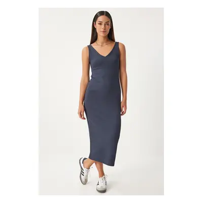 Happiness İstanbul Women's Anthracite Strap V-Neck Corded Knitted Dress