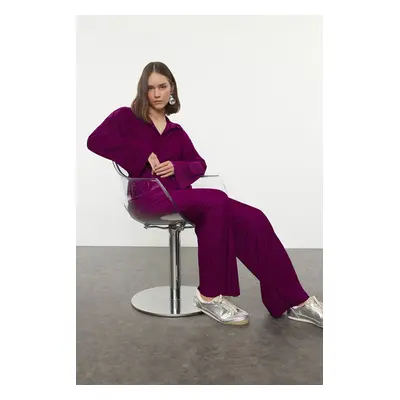 Trendyol Plum Pleated Relaxed/Comfortable Pattern Flexible Knitted Blouse/Pants Bottom-Top Set